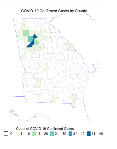 This map of Georgia shows the distribution of confirmed COVID-19 cases by county. The highest rates are in the metro Atlanta area, with 49 confirmed cases in Fulton County and 28 confirmed cases in Cobb County.