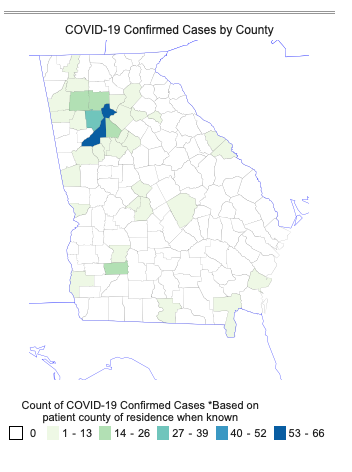 This map of Georgia shows the distribution of confirmed COVID-19 cases by county. The highest rates are in the metro Atlanta area, with 66 confirmed cases in Fulton County and 37 confirmed cases in Cobb County.