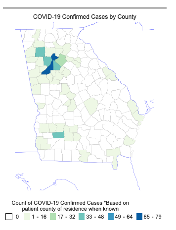 This map of Georgia shows the distribution of confirmed COVID-19 cases by county. The highest rates are in the metro Atlanta area, with 79 confirmed cases in Fulton County and 45 confirmed cases in Cobb County.