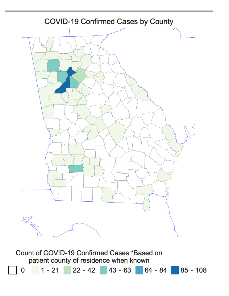 This map of Georgia shows the distribution of confirmed COVID-19 cases by county. The highest rates are in and around the metro Atlanta area, with 108 confirmed cases in Fulton County, 61 confirmed cases in Bartow County and 57 confirmed cases in Cobb County.