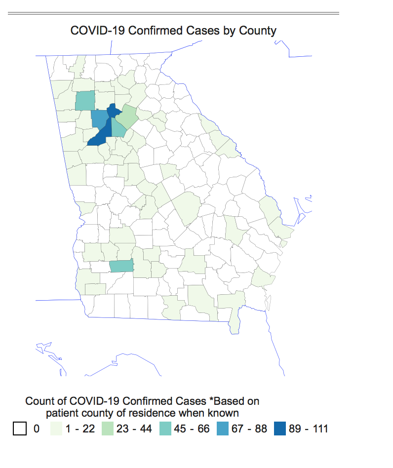 This map of Georgia shows the distribution of confirmed COVID-19 cases by county. The highest rates are in and around the metro Atlanta area, with 111 confirmed cases in Fulton County, 67 confirmed cases in Cobb County and 56 confirmed cases in Bartow County.