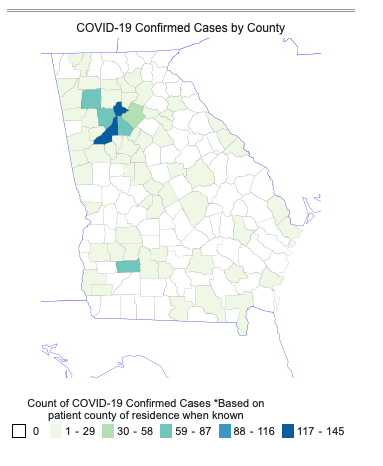 This map of Georgia shows the distribution of confirmed COVID-19 cases by county. The highest rates are in and around the metro Atlanta area, with 145 confirmed cases in Fulton County, 79 confirmed cases in Cobb County and 75 confirmed cases in DeKalb County.