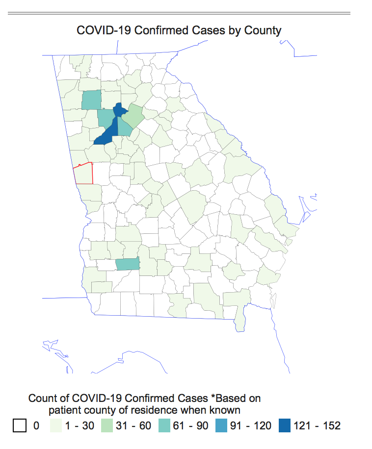 This map of Georgia shows the distribution of confirmed COVID-19 cases by county. The highest rates are in and around the metro Atlanta area, with 152 confirmed cases in Fulton County, 79 confirmed cases in Cobb County and 74 confirmed cases in DeKalb County.