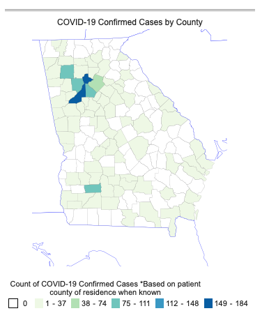 This map of Georgia shows the distribution of confirmed COVID-19 cases by county. The highest rates are in and around the metro Atlanta area, with 184 confirmed cases in Fulton County, 94 confirmed cases in DeKalb and 86 confirmed cases in Cobb County. 