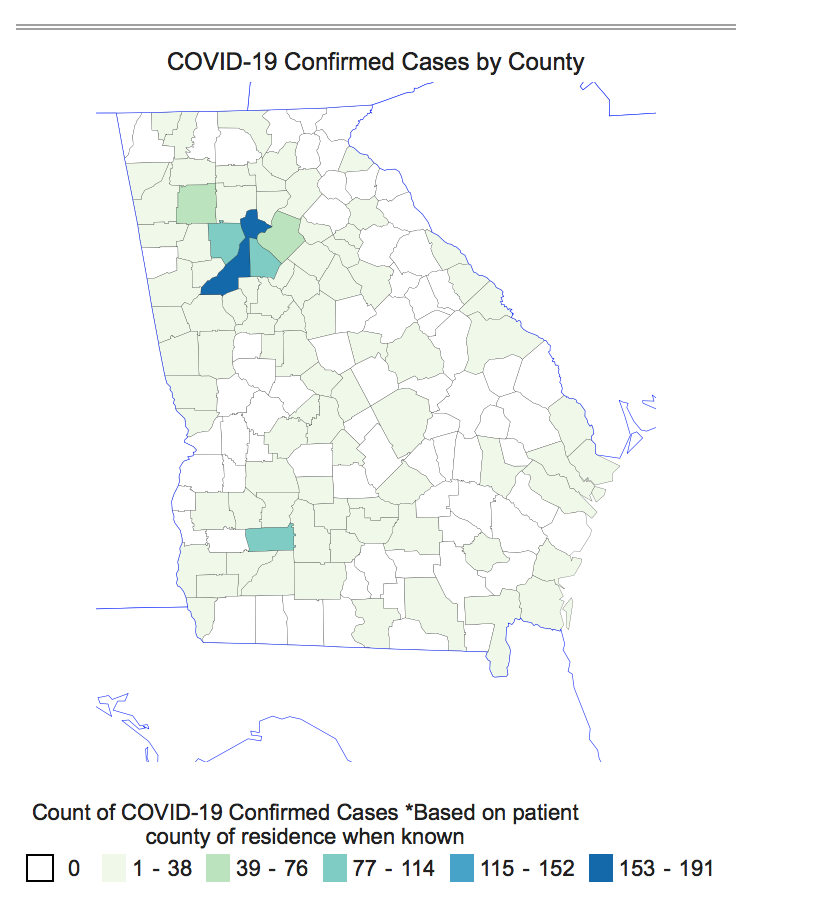This map of Georgia shows the distribution of confirmed COVID-19 cases by county. The highest rates are in and around the metro Atlanta area, with 191 confirmed cases in Fulton County, 107 confirmed cases in DeKalb County and 90 confirmed cases in Cobb County. 