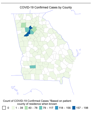 This map of Georgia shows the distribution of confirmed COVID-19 cases by county. The highest rates are in and around the metro Atlanta area, with 198 confirmed cases in Fulton County, 116 confirmed cases in DeKalb County and 101 confirmed cases in Cobb County. 