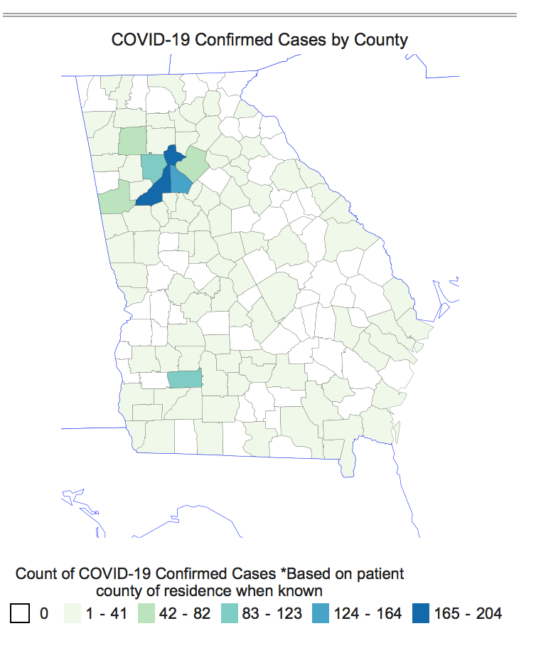 This map of Georgia shows the distribution of confirmed COVID-19 cases by county. The highest rates are in and around the metro Atlanta area, with 204 confirmed cases in Fulton County, 125 confirmed cases in DeKalb County and 109 confirmed cases in Cobb County. 