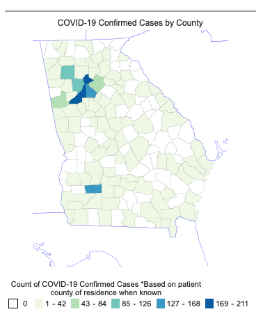 This map of Georgia shows the distribution of confirmed COVID-19 cases by county. The highest rates are in and around the metro Atlanta area, with a total of 455 confirmed cases across Fulton, DeKalb, and Cobb counties. 