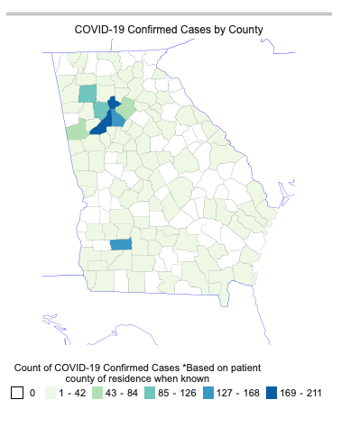 This map of Georgia shows the distribution of confirmed COVID-19 cases by county. The highest rates are in and around the metro Atlanta area, with a total of 455 confirmed cases across Fulton, DeKalb, and Cobb counties.