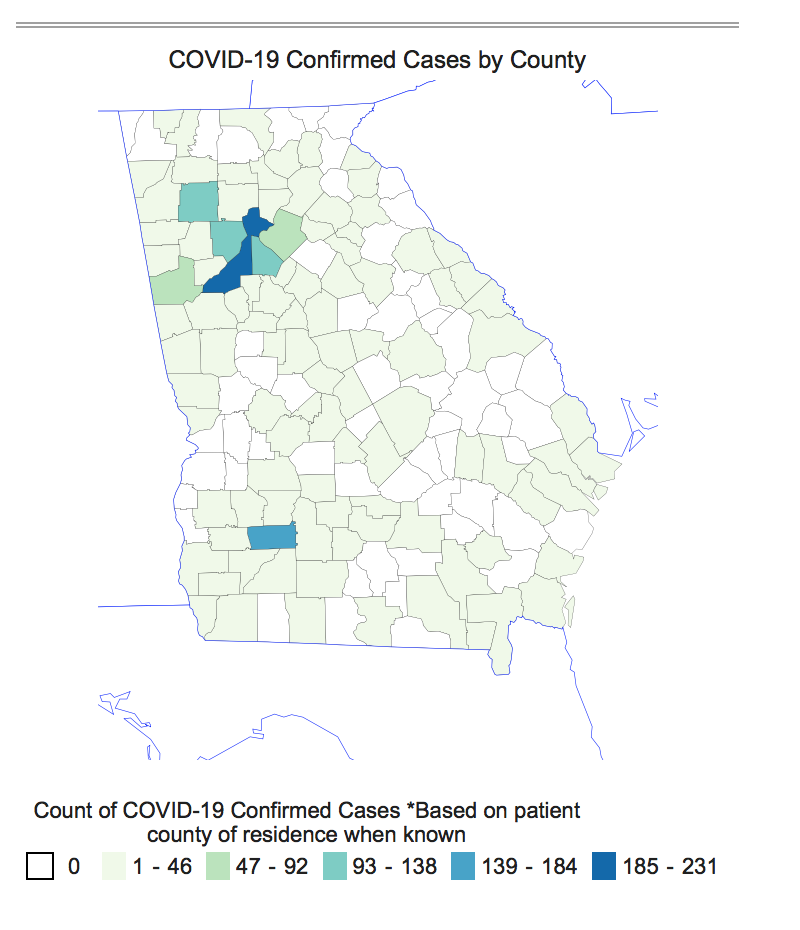 This map of Georgia shows the distribution of confirmed COVID-19 cases by county. The highest rates are in and around the metro Atlanta area, with a total of 487 confirmed cases across Fulton, DeKalb, and Cobb counties.