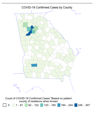 This map of Georgia shows the distribution of confirmed COVID-19 cases by county. The highest rates are in and around the metro Atlanta area, with a total of 632 confirmed cases across Fulton, DeKalb, and Cobb counties.