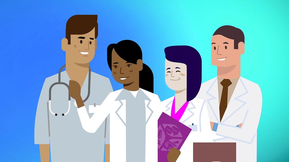 Illustration of diverse healthcare providers promoting STI Awareness Week and encouraging patients to talk, get tested, and receive treatment.