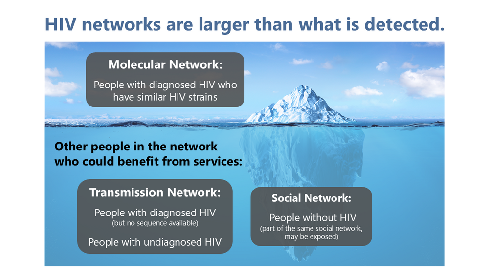 This displays how molecular networks are seen (above the surface). Transmission networks and social networks are often not seen (under the surface).