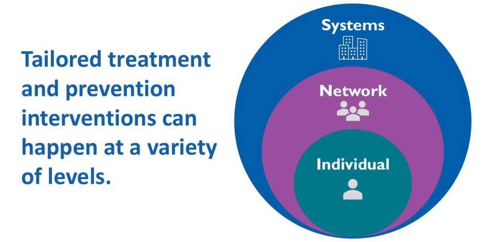 Tailored treatment and prevention interventions occur at the individual, network, and system levels.